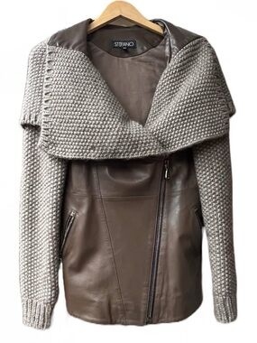 STEFANO Brown Leather Jacket - Classic Soft Finish with knit overlay